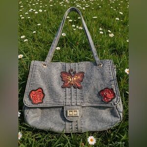 Gray Denim Butterfly & Rose Patch Shoulder Bag